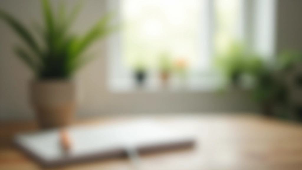 Peaceful workspace with notebook and plant, representing mindfulness practice environment