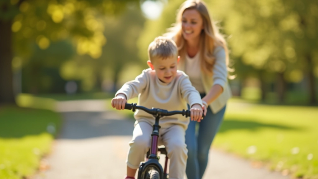Child learning to ride bicycle with parent nearby, supportive moment, outdoor sunny setting, genuine encouragement