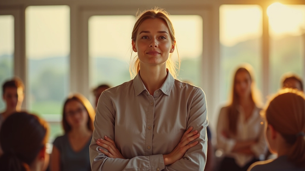 Professional facilitator in modern training environment conducting mindfulness and self-compassion workshop session with participants
