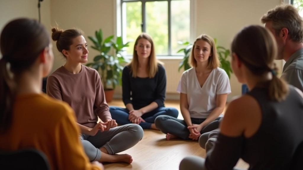 Diverse group of adults in supportive learning environment, practicing mindfulness exercises together, calm and inclusive atmosphere