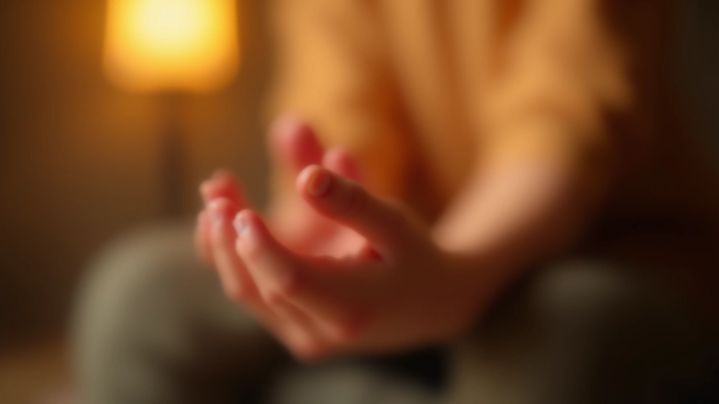 Hands in mindfulness gesture, compassionate moment, warm lighting, intimate scene