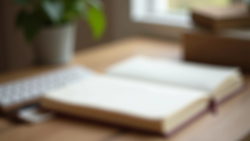 Journal and pen on wooden table, open notebook with writing, soft natural light, minimal workspace