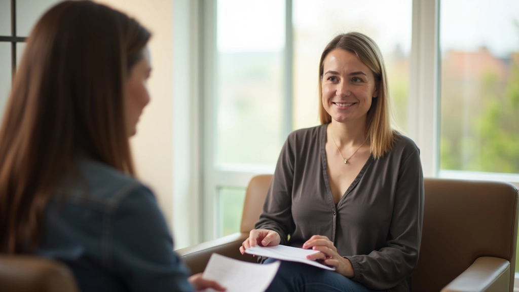 Facilitator in one-on-one coaching session, supportive listening posture, warm professional office environment with natural light