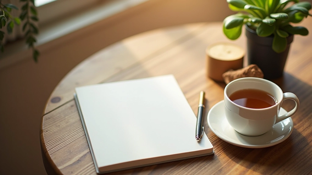 Hands writing in journal with pen and tea cup on wooden table