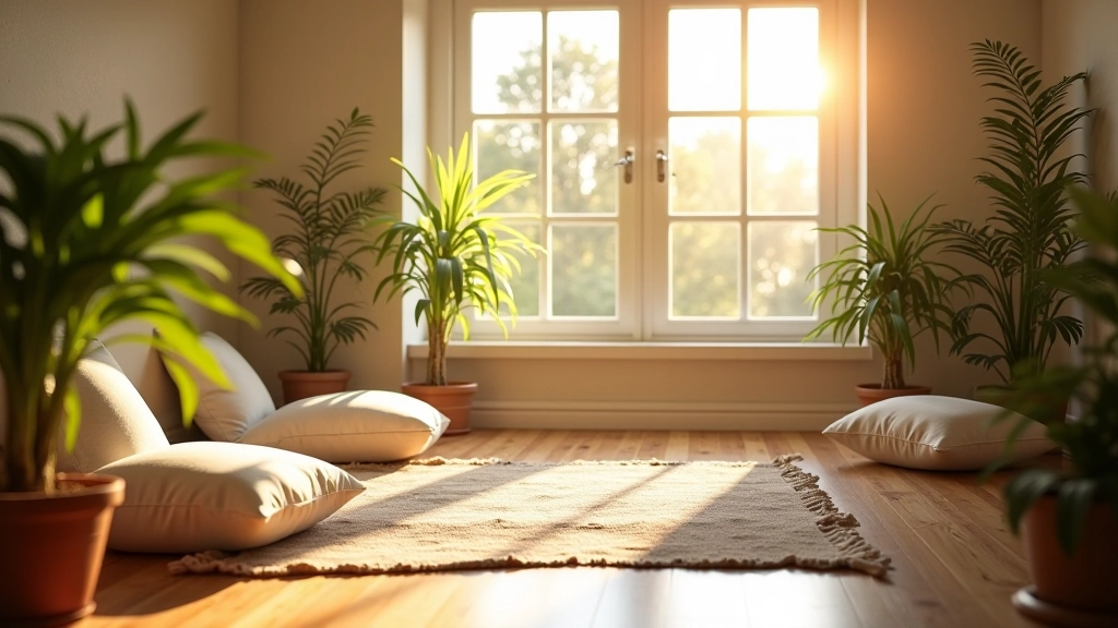 Peaceful meditation space with soft natural light, serene environment, calm atmosphere