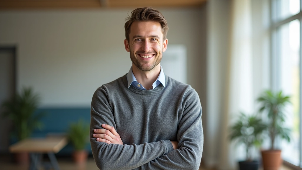 Person smiling confidently with arms crossed, embodying self-compassion and inner strength