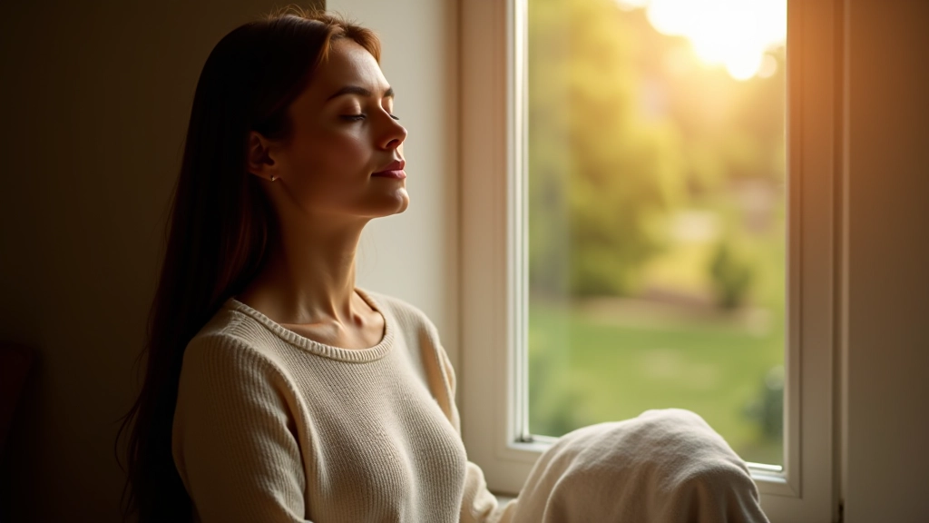 Person sitting peacefully by window with sunlight, practicing meditation with eyes closed