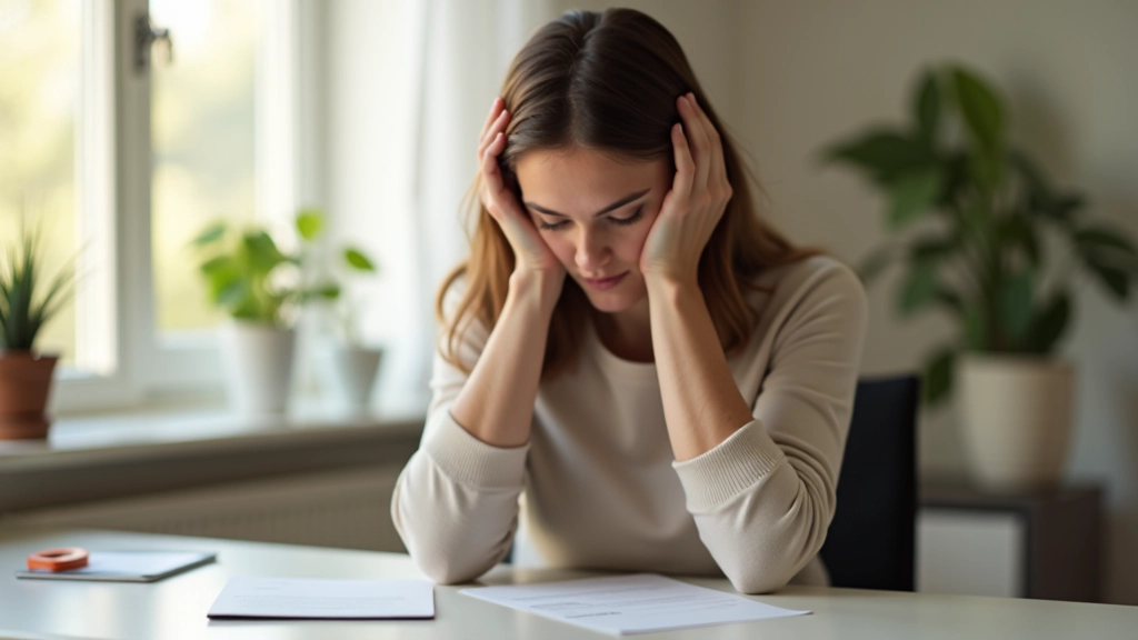 Person at desk with head in hands, thoughtful expression, natural morning light, clean workspace, moment of pause