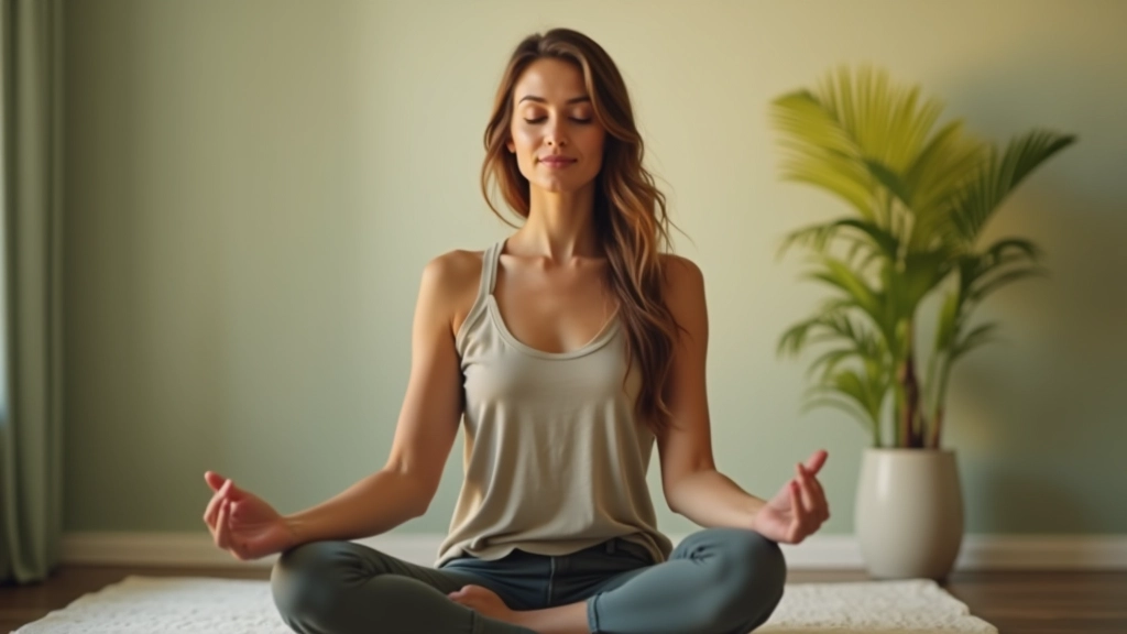 Person in peaceful meditation pose, supportive inner voice, confidence and calm, serene environment