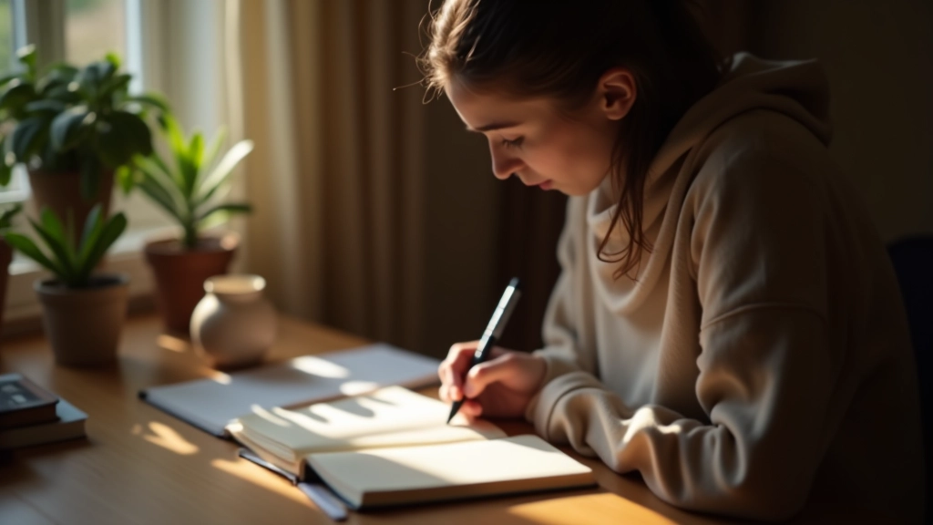Person writing in journal, reflective practice, natural desk setting, focused moment