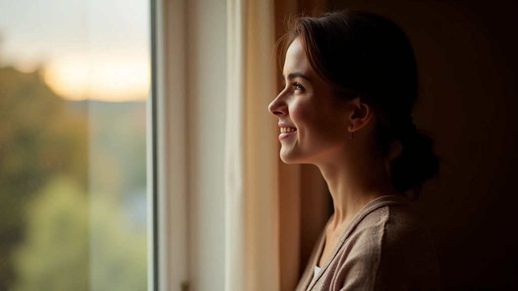 Person looking out window with gentle smile, warm interior light, moment of quiet strength