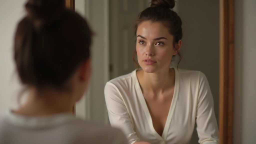 Person looking thoughtful in mirror, self-reflection moment, recognizing inner patterns