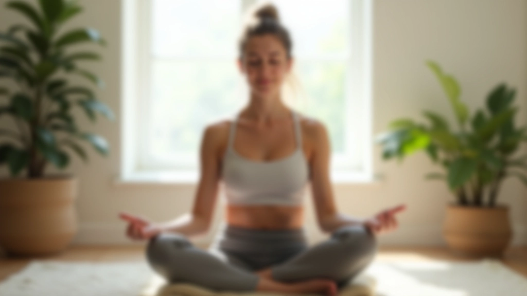 Person meditating in calm environment, cross-legged on cushion, peaceful expression, soft diffused light, serene interior