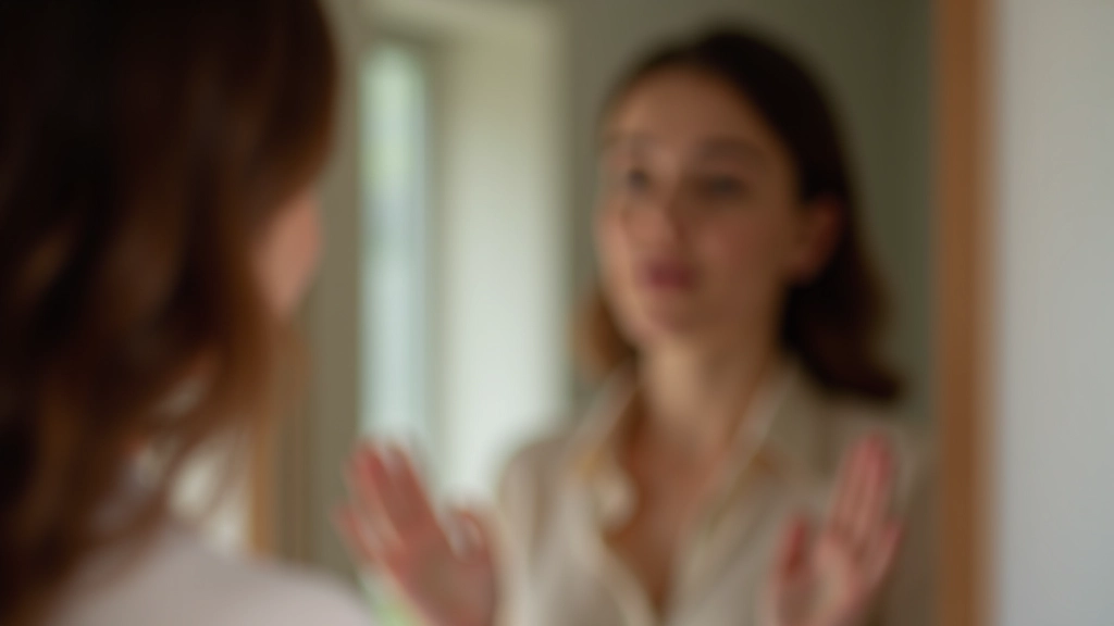 Person speaking encouraging words to themselves in mirror, building inner support