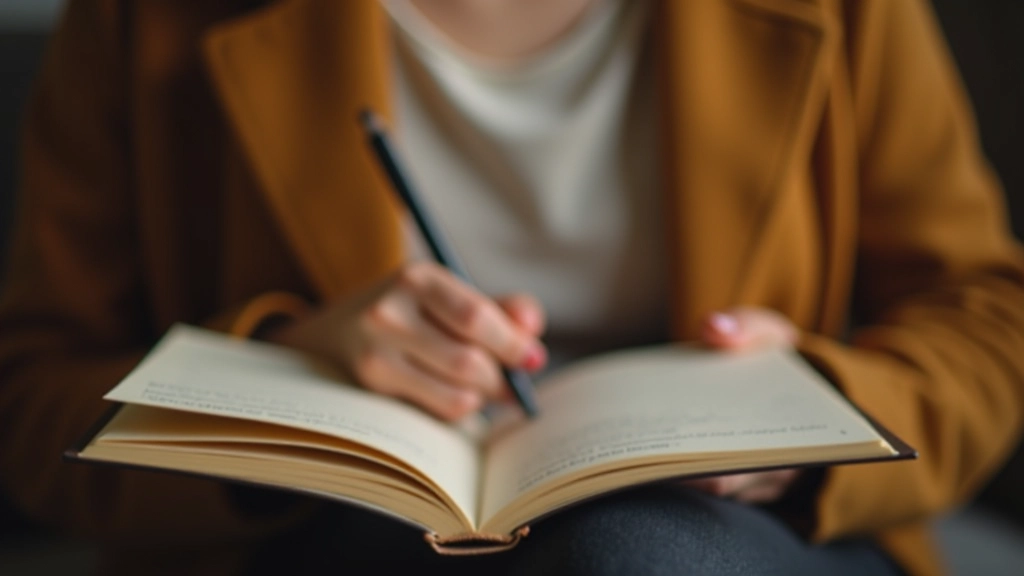 Person writing in journal during mindfulness practice, focused on self-reflection and personal growth, warm natural lighting