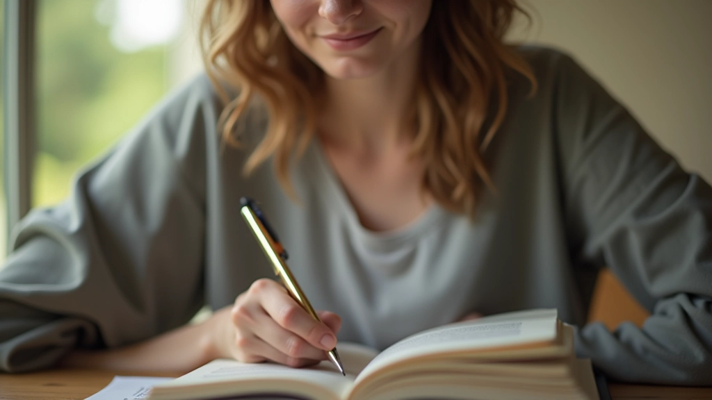 Person writing in notebook, thoughtful moment, natural daylight, focused expression