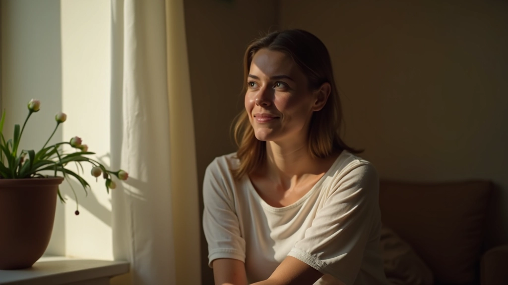 Woman in quiet moment of self-reflection, sitting peacefully in natural light, contemplative expression, warm interior setting