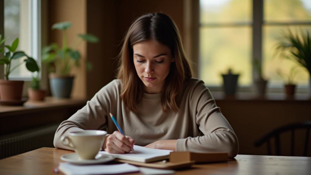 Woman journaling at desk with warm tea, reflecting on experience, mindful moment, home office setting, soft natural light