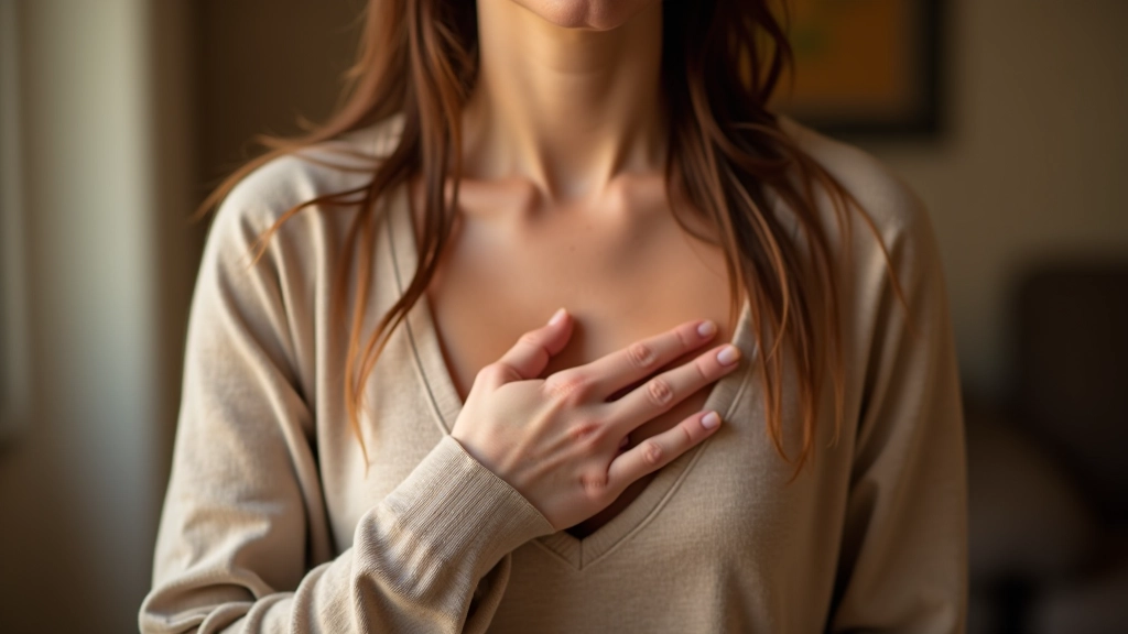 Woman with hand on heart, compassionate gesture, self-kindness moment, warm indoor setting