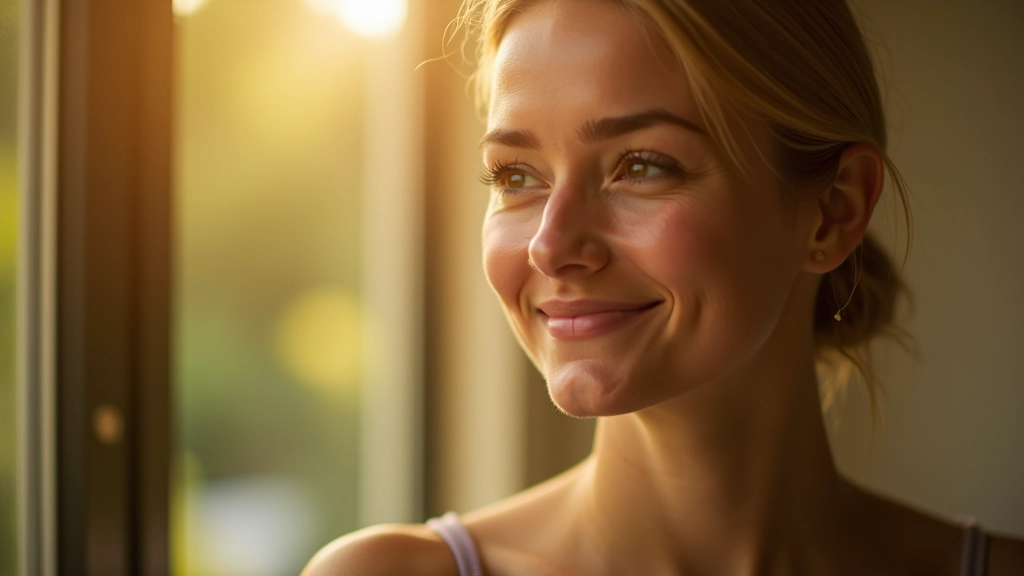 Woman with peaceful expression, warm natural light, portrait showing calm confidence
